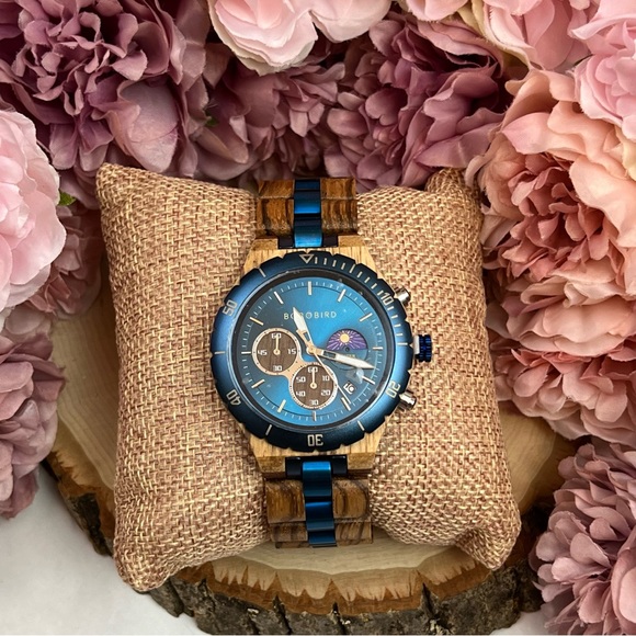 Luxury Zebra Wood Blue Chronograph Military Quartz Watch - Picture 6 of 16